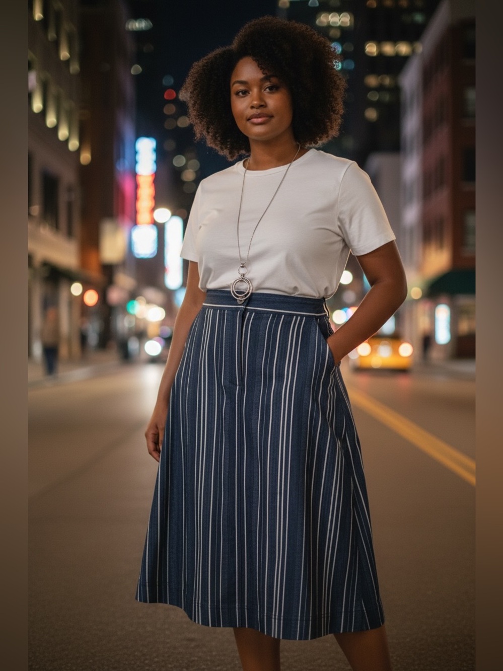 Christopher & Banks Navy and White Vertical Stripe Midi Skirt
